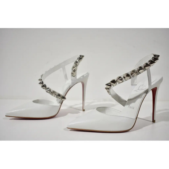 Christian Louboutin Spikita Pump 100 Bianco White Spike Strappy Sandal Heel 42 - Picture 8 of 10